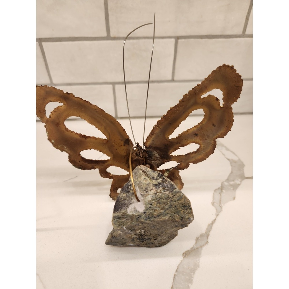 MCM Brutalist Kinetic Metal Art Sculpture Brass Butterfly on Real Rock Stone - Picture 12 of 14